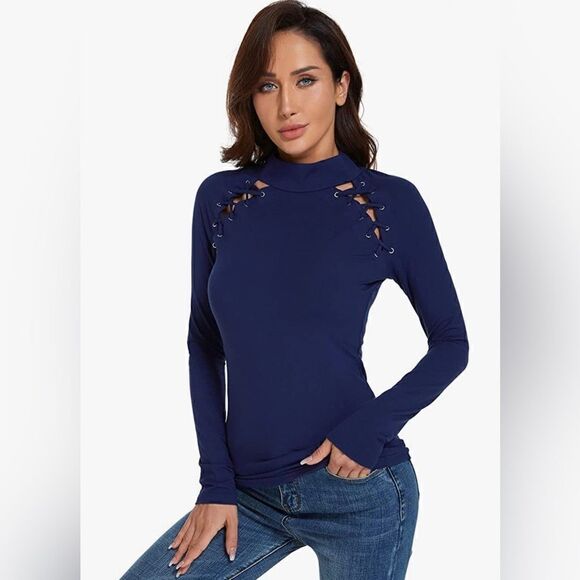 AmélieBoutik Women Mock Neck Lace Up Raglan Long Sleeve Blouse Top - Picture 1 of 7